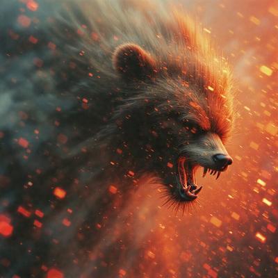The primary subject of the image is a large, ferocious-looking bear with its mouth open, appearing to be roaring. The bear is the main focus of the image, and it is set against a backdrop of a red, orange, and yellow sky. The visual style of the image is a combination of photo and digital art, creating a dramatic and intense atmosphere. The dominant colors in the image are red, orange, and yellow, which contribute to the bear's fierce and powerful appearance.